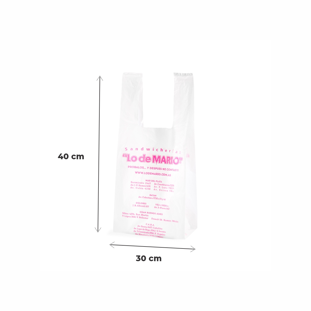 mEP BOLSA CAMISETA A/D PERSONALIZADA 1 O 2 COLORES 13MIC  (30*40CM) X UNIDAD