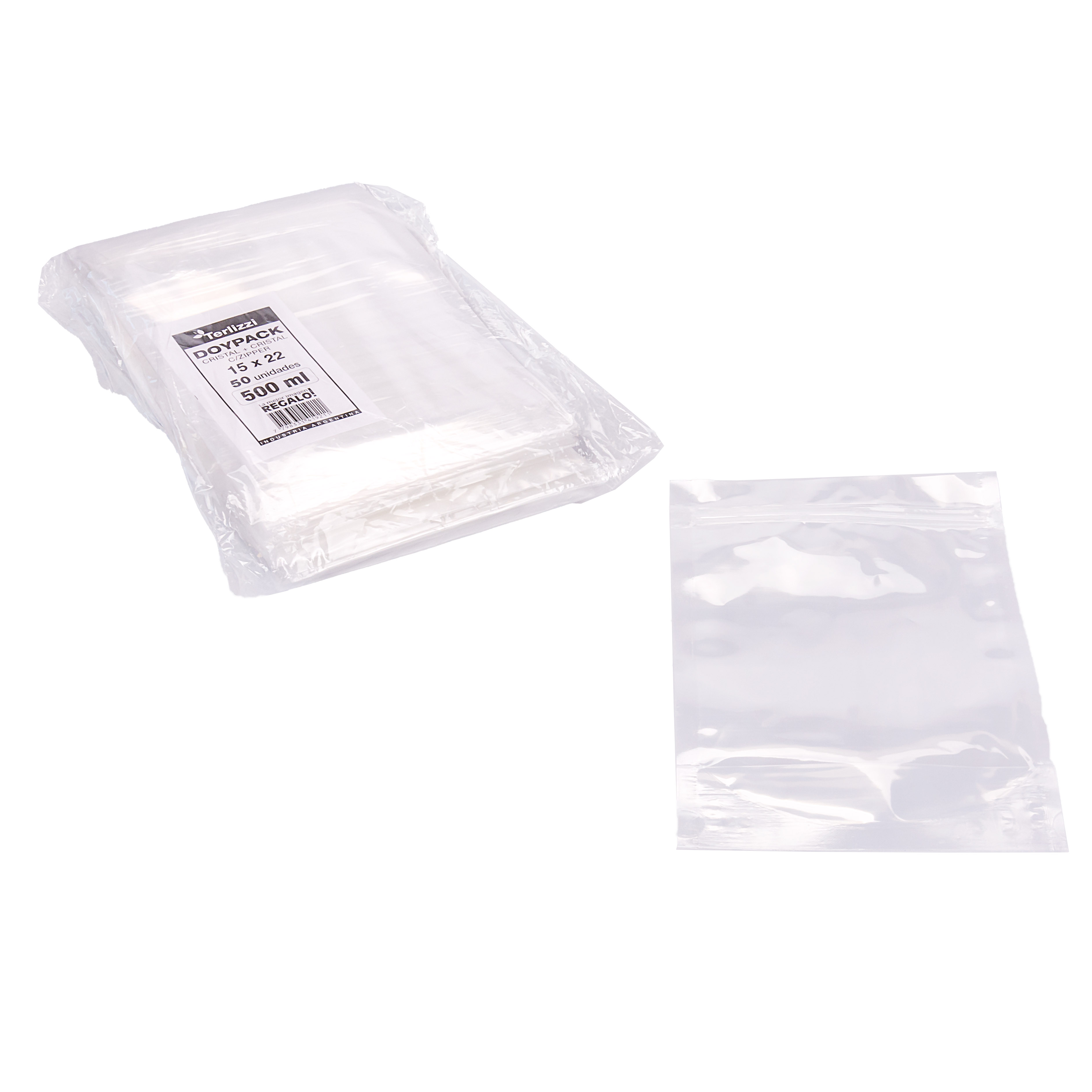 BOLSAS DOYPACK CRISTAL 500ML CON ZIPPER 15*22CM (90MIC) *50UNID