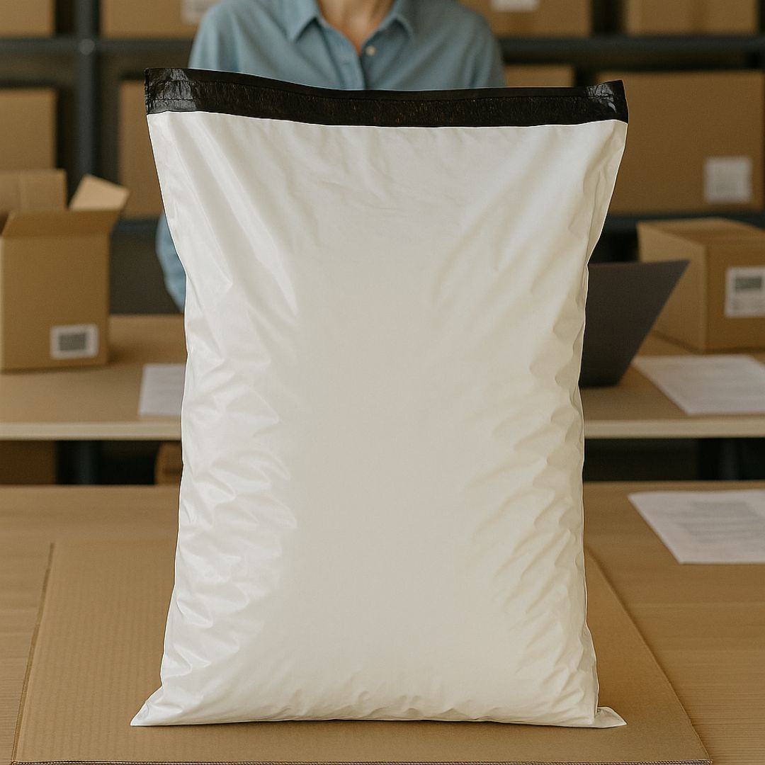 BOLSAS E-COMMERCE TRICAPA 35*45CM BLANCA/NEGRA (60MIC + FAJA SEGURIDAD) *50UNID