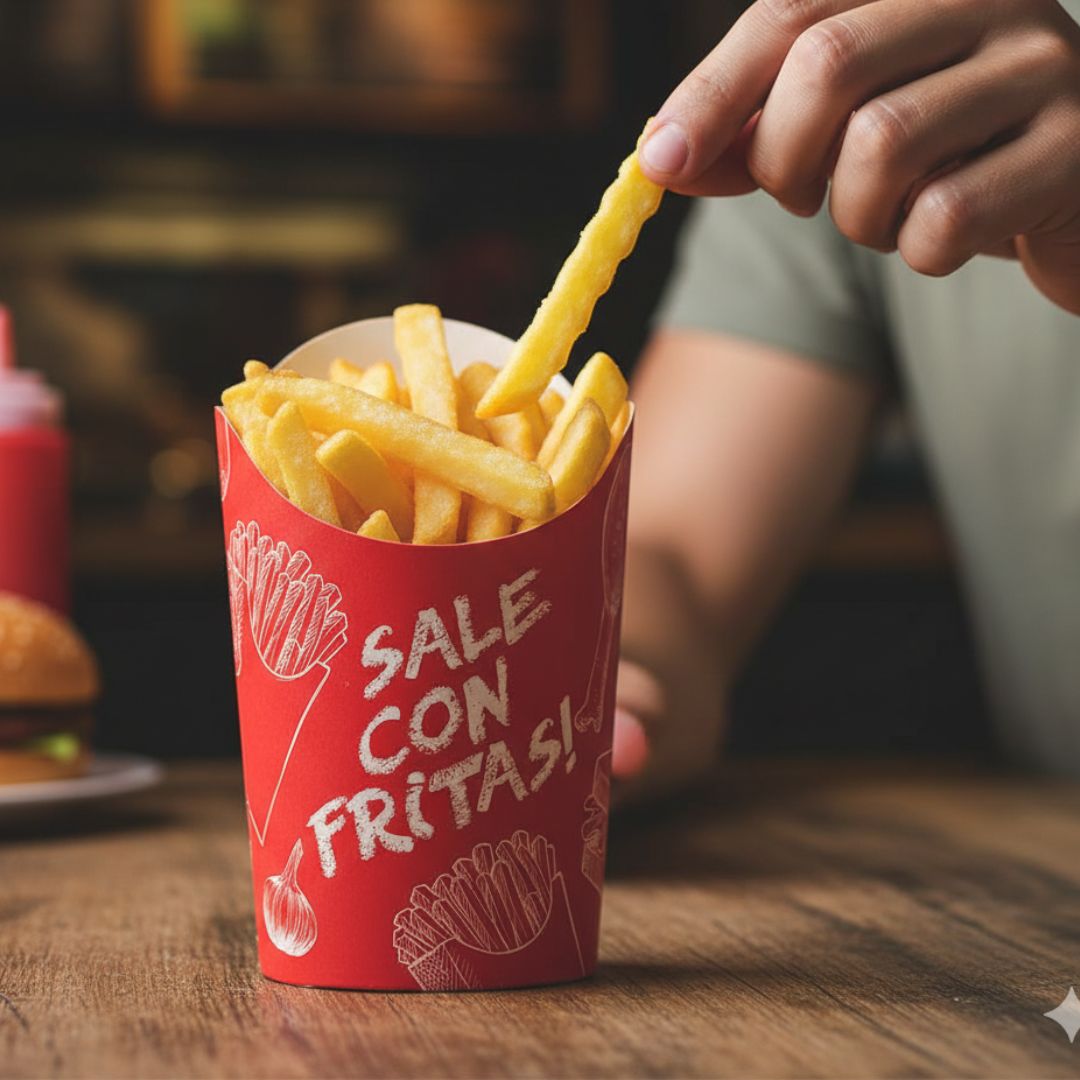 CONTENEDOR PAPAS FRITAS POLIPAPEL IMPRESO SALE CON FRITAS 16OZ (8*11CM) *50UNID