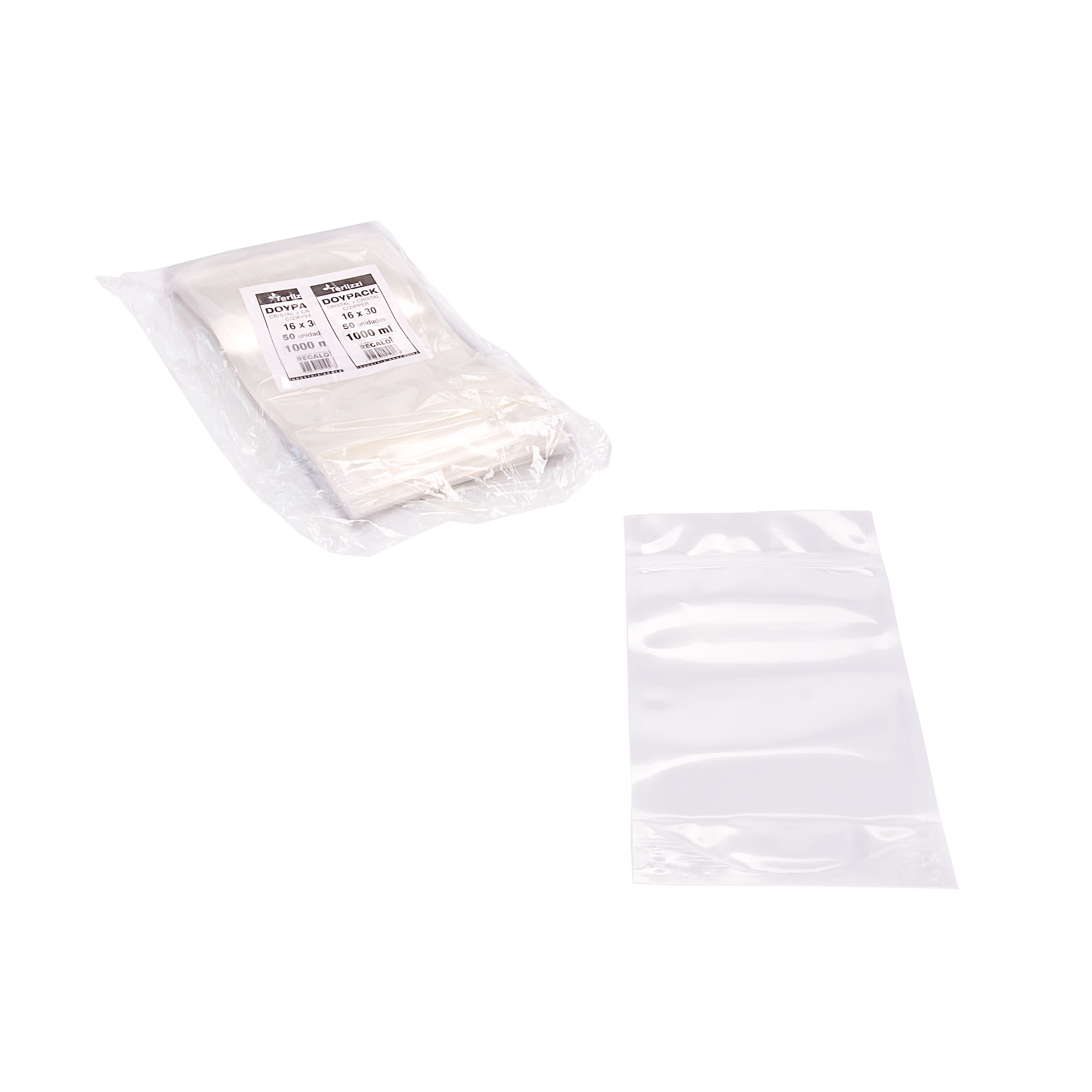 BOLSAS DOYPACK CRISTAL.1000ML CON ZIPPER 16*30CM (140MIC) *50UNID