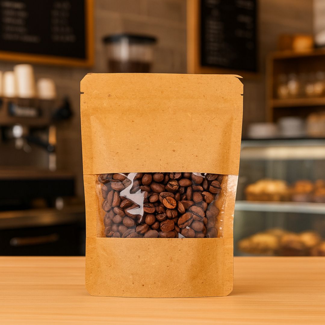 BOLSAS DOYPACK PAPEL KRAFT 250ML C/VENTANA Y ZIPPER 11*15CM (50GRS) *50UNID