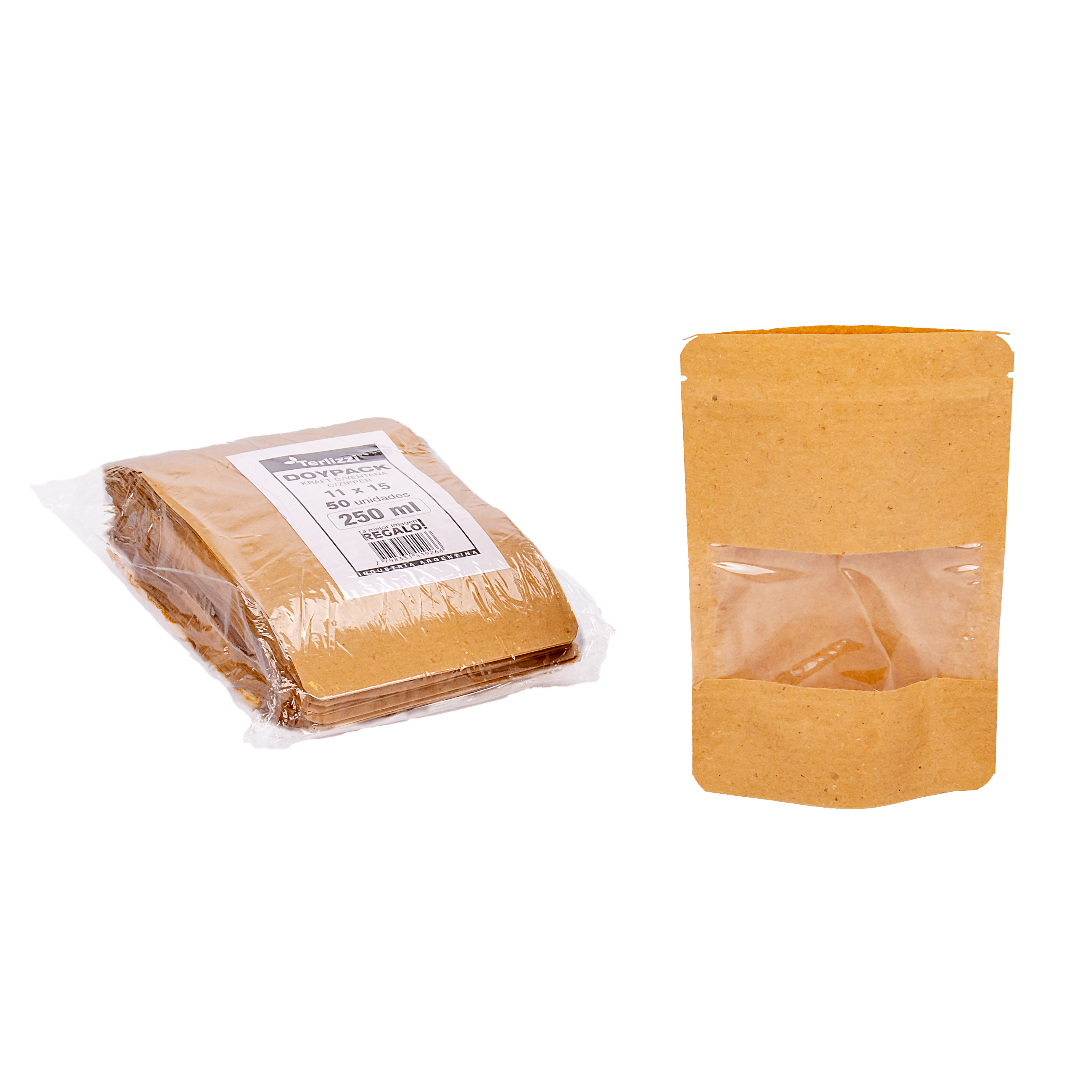 BOLSAS DOYPACK PAPEL KRAFT 250ML C/VENTANA Y ZIPPER 11*15CM (50GRS) *50UNID