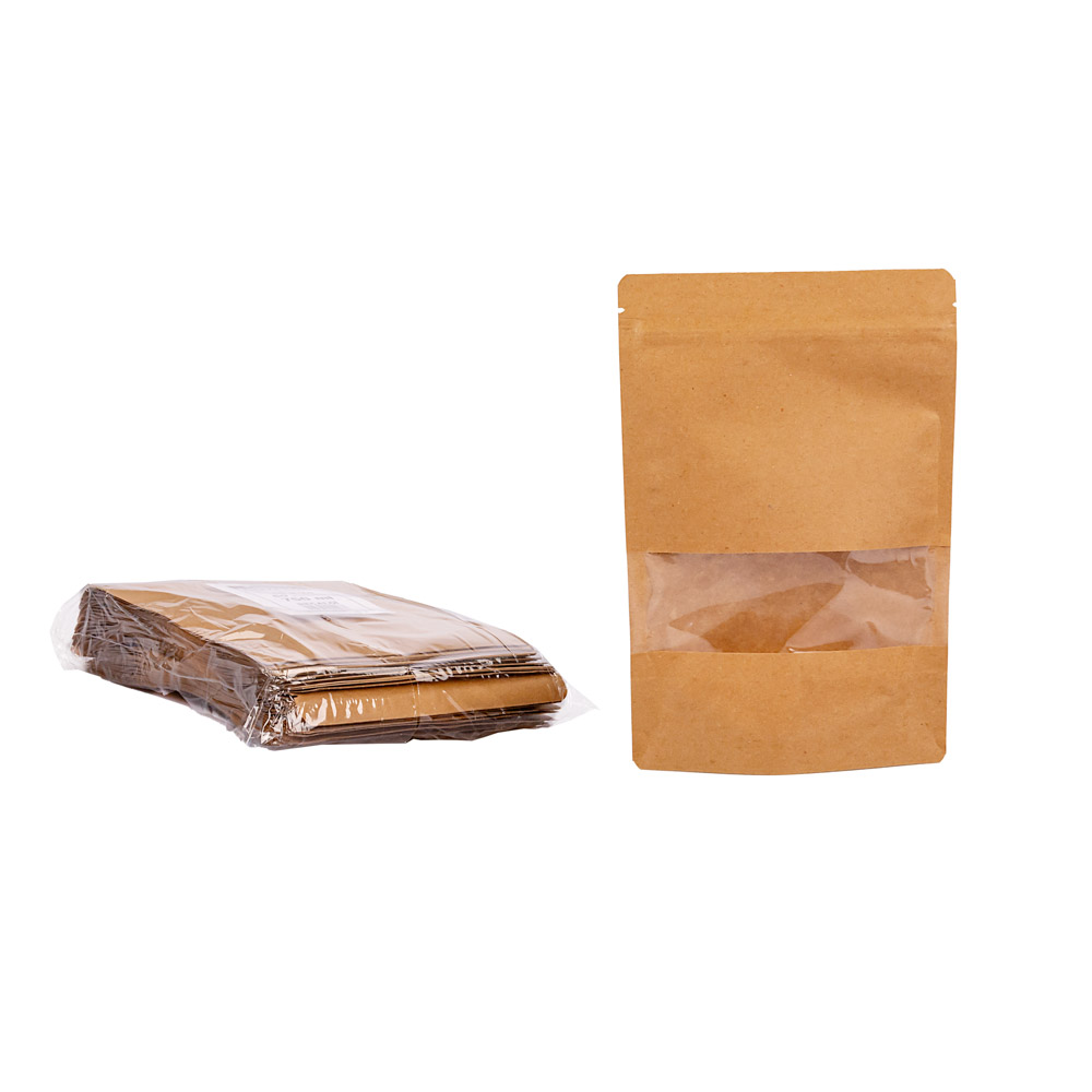 BOLSAS DOYPACK PAPEL KRAFT 750ML C/VENTANA Y ZIPPER 16*24CM (50GRS) *50UNID