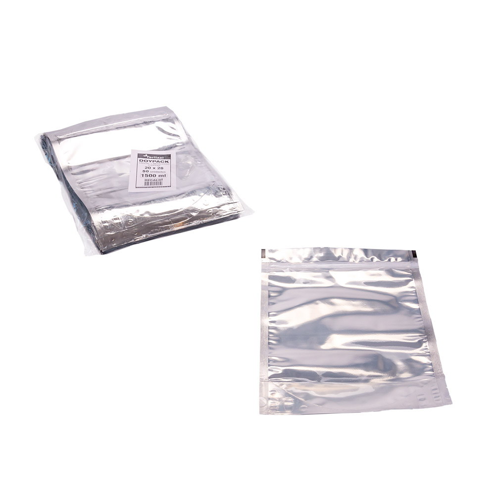 BOLSAS DOYPACK METALIZADAS.1500ML C/VENTANA Y ZIPPER 20*28CM (92MIC) *50UNID