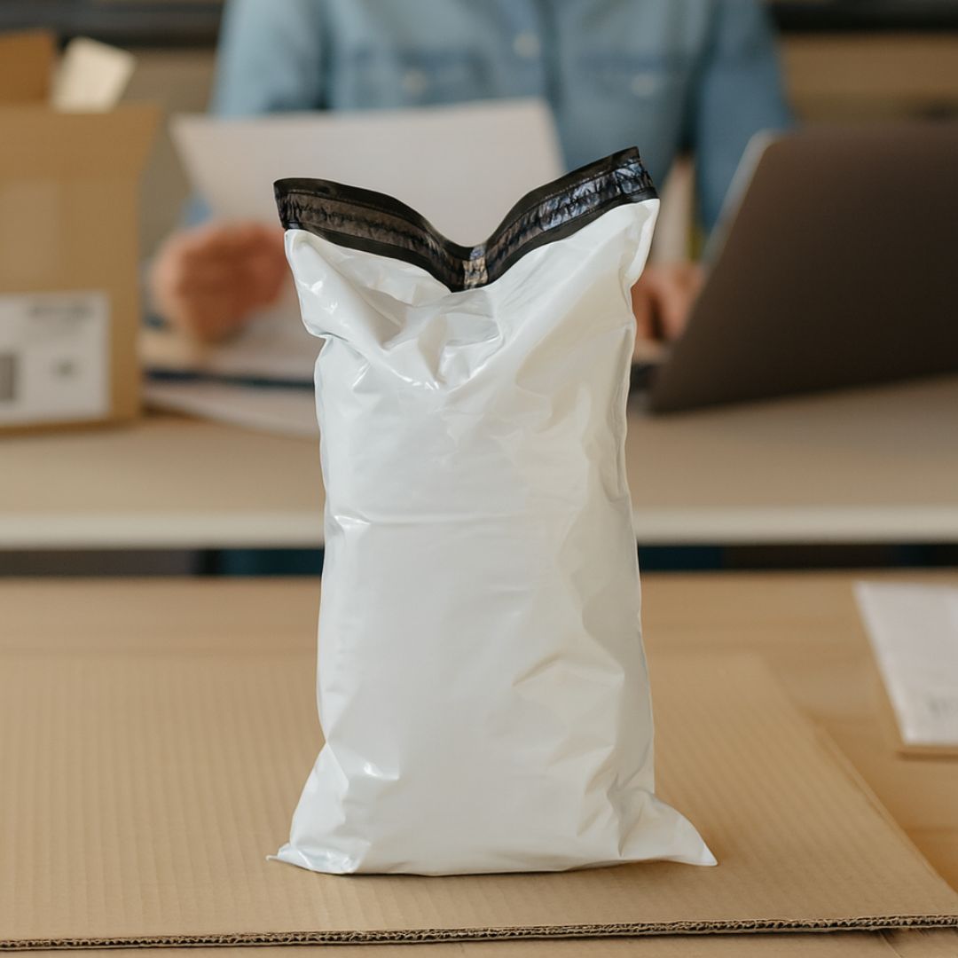 BOLSAS E-COMMERCE TRICAPA 15*25CM BLANCA/NEGRA (60MIC + FAJA SEGURIDAD) *50UNID