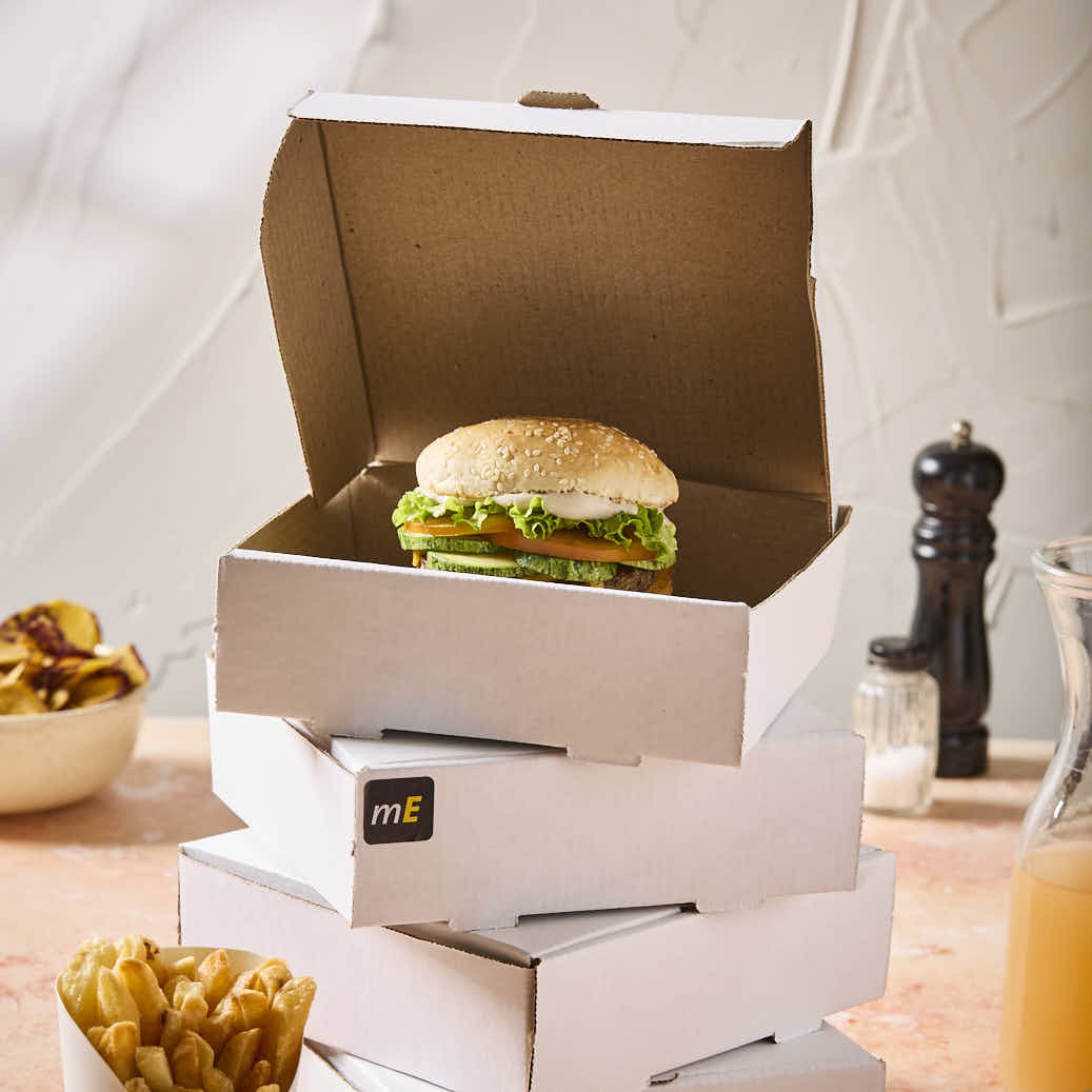 mEP CAJA HAMBURGUESA CARTON MICRO BLANCO/MARRON PERSONALIZADO (18.5*18.5*5.5CM) X UNIDAD