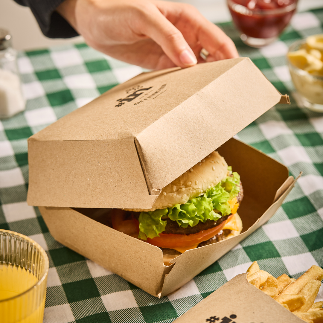 mEP CAJA HAMBURGUESA KRAFT PERSONALIZADO BIOHZ MEGA DOBLE (12.7*11.4*8.7CM) X UNIDAD