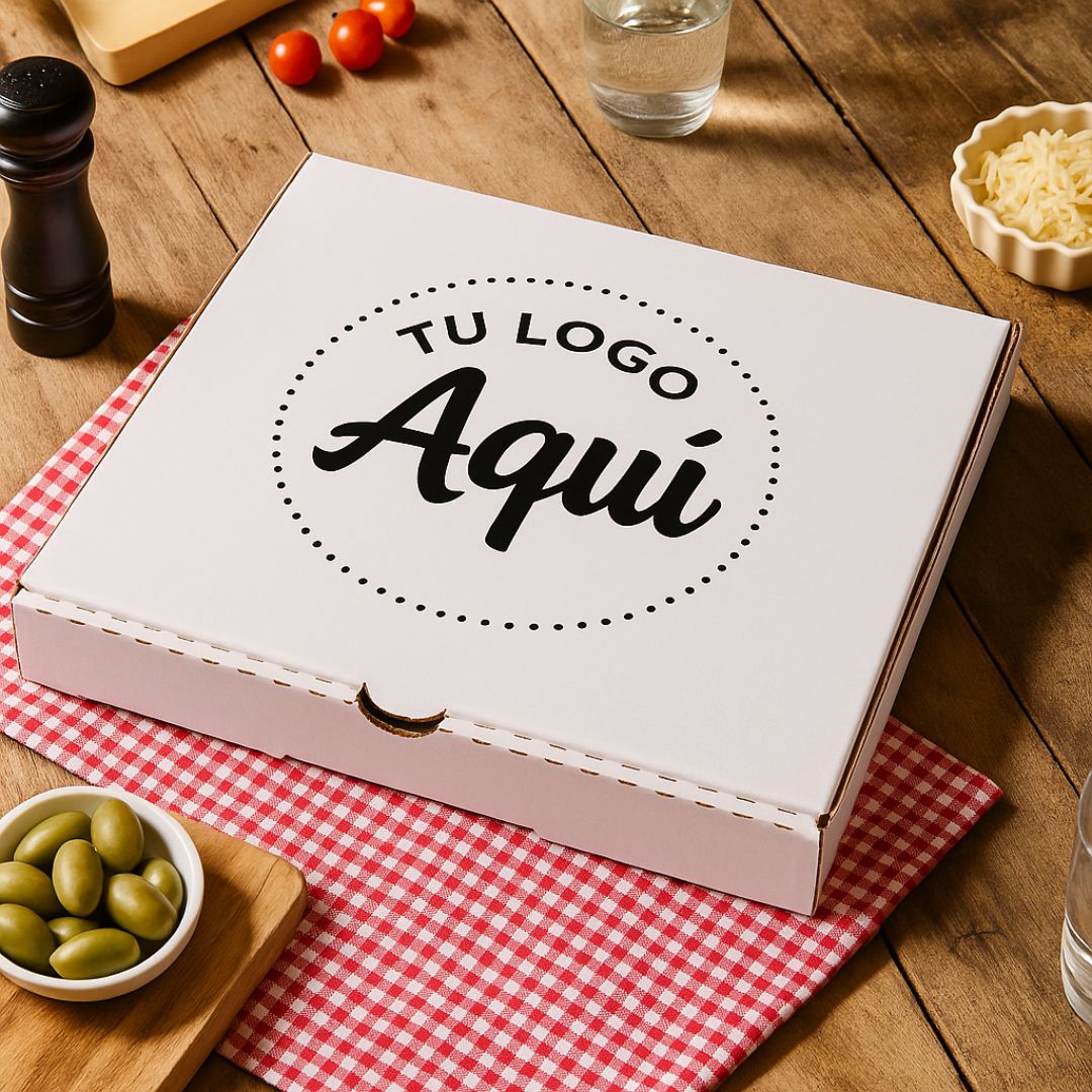 mEP CAJA PIZZA CARTON MICRO BLANCO/MARRON PERSONALIZADO CHICA (27*27*3.5CM) X UNIDAD