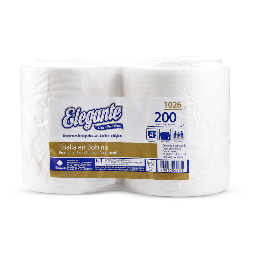 TOALLAS EN ROLLO PAPEL (19.5CM*200MTS) ELEGANTE BLANCA PREMIUN *4 ROLLOS
