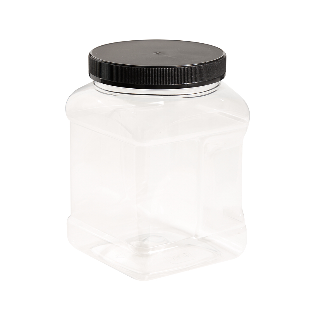 FRASCO PLASTICO CRISTAL.2000CC (64OZ) CUADRADO CON TAPA ROSCA NEGRA PAQ*6UNID