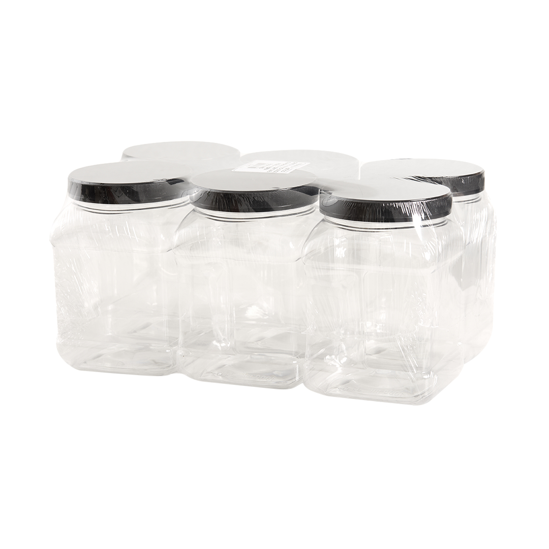 FRASCO PLASTICO CRISTAL.2000CC (64OZ) CUADRADO CON TAPA ROSCA NEGRA PAQ*6UNID