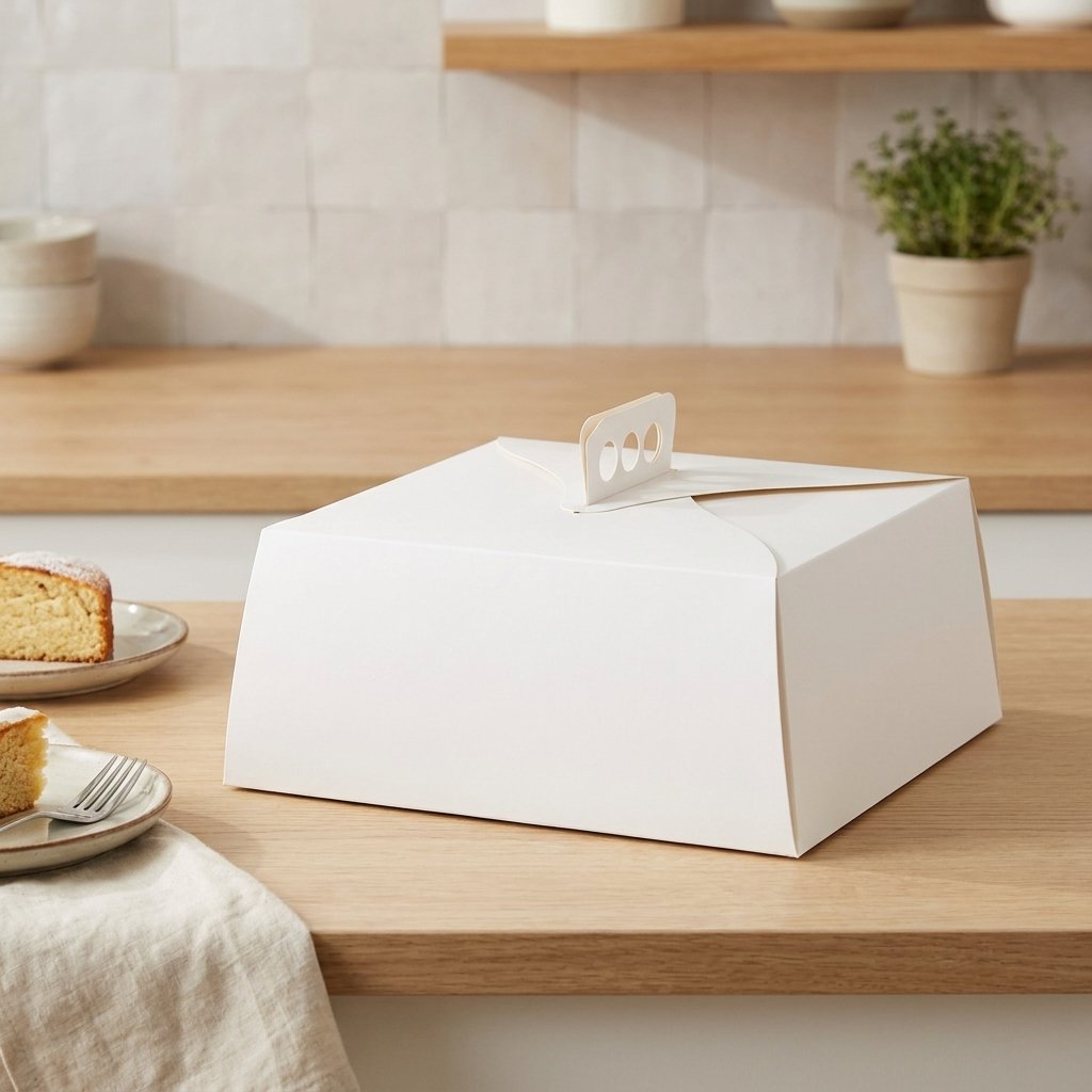 mEP CAJA PARA TORTA CART. BLANCA PERSONALIZADO (28*28*8,5CM - C/ASA) X UNIDAD